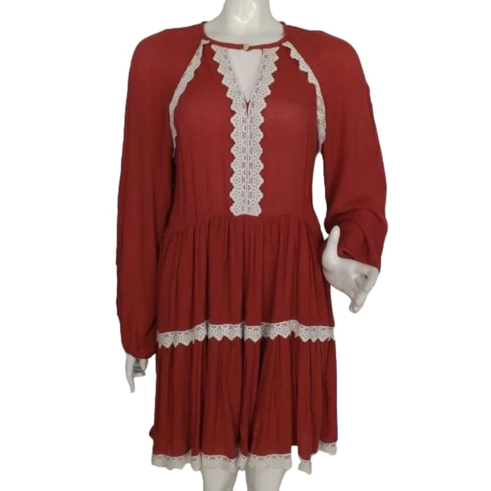 ROCK & ROLL COWGIRL Dress, L, Dusty Red, Gauze, Lace, Long sleeves, Keyhole